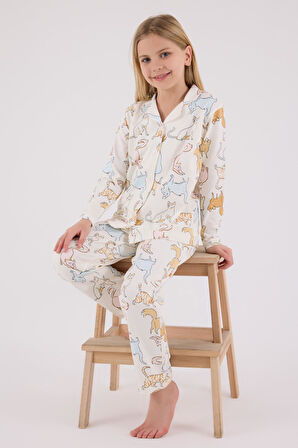 Anne Kız Gömlek Pijama Kombini, Kedili Pijama, Anne ve Çocuk Pijamalar Ayrı Ayrı Fiyatlandırılır