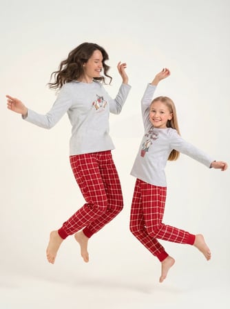Anne Kız Gri Yılbaşı Pijama Takım, Yetişkin ve Çocuk Pijamaları Ayrı Fiyatlardadır