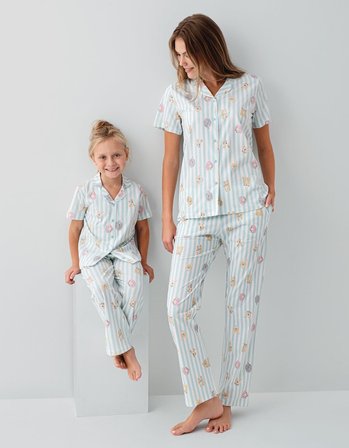 Anne Kız Pijama (Ayrı Ayrı Satılır) Takımı %100 Pamuk –  Gömlek Yaka Kısa Kollu Kombin