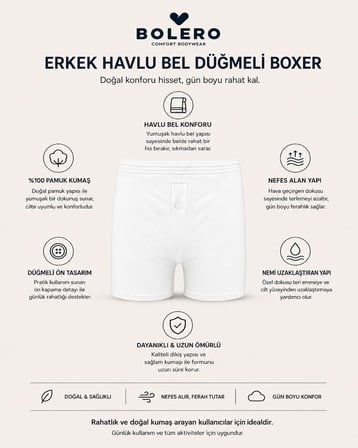 Erkek Beyaz %100 Pamuk Düğmeli Havlu Bel Boxer