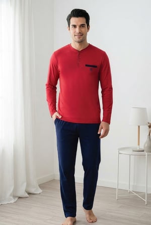 Erkek Kırmızı %100 Pamuklu Penye Pijama Takım, 3 Düğme Bisiklet Yaka Uzunkol Cep Detaylı