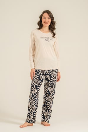 Kadın Açık Bej Modal Kumaş Uzunkol Pijama Takım, %50 Pamuk %50 Modal