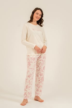Kadın Krem Uzunkol Pijama Takım, Cepli, Yuvarlak Yakalı, %50 Pamuk %50 Modal Kumaş