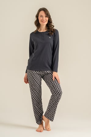 Kadın Antrasit Uzunkol Pijama Takım, Cepli, Düğmeli Yakalı, %50 Pamuk %50 Modal Kumaş