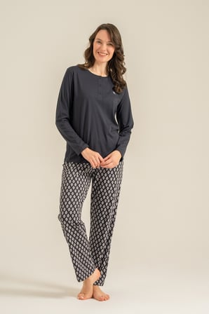 Kadın Antrasit Uzunkol Pijama Takım, Cepli, Düğmeli Yakalı, %50 Pamuk %50 Modal Kumaş