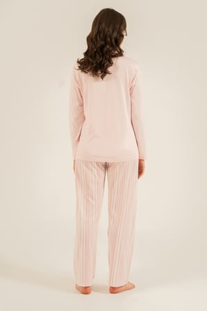 Kadın Toz Pembe Pijama Takım, Yuvarlak Yaka, Cep Detaylı  %50 Pamuk %50 Modal Kumaş,