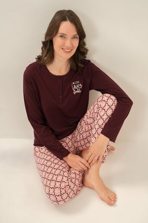 Kadın Mürdüm Pijama Takım, Yuvarlak Yaka, Cep Detaylı  %50 Pamuk %50 Modal Kumaş,