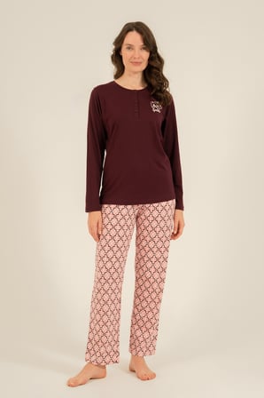 Kadın Mürdüm Pijama Takım, Yuvarlak Yaka, Cep Detaylı  %50 Pamuk %50 Modal Kumaş,