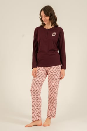 Kadın Mürdüm Pijama Takım, Yuvarlak Yaka, Cep Detaylı  %50 Pamuk %50 Modal Kumaş,