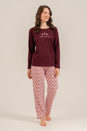 Kadın Mürdüm Pijama Takım, Yuvarlak Yaka, Cep Detaylı  %50 Pamuk %50 Modal Kumaş,