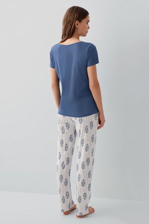 Kadın Derin V Yaka Dantelli Yazlık Pijama Takım, Cep Detaylı, %50 Pamuk %50 Modal