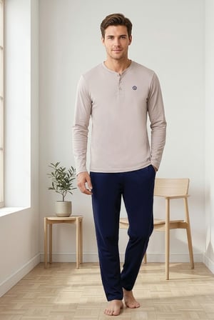 Erkek Taş Renk%100 Pamuklu Pijama Takım, Düğmeli Bisiklet Yaka Uzunkol Cep Detaylı