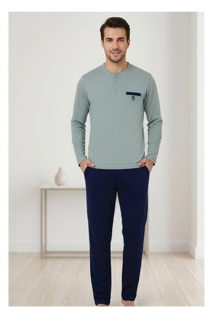 Erkek Su Yeşili %100 Pamuklu Penye Pijama Takım, 3 Düğme Bisiklet Yaka Uzunkol Cep Detaylı