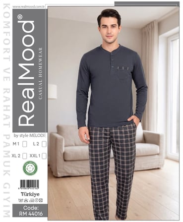 Erkek Üst Düz Alt Ekoseli Füme %100 Pamuklu Penye Pijama Takım, 3 Düğme Bisiklet Yaka Uzunkol Cep Detaylı
