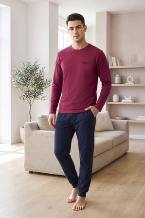 Erkek   Pamuk Bordo, Bisiklet Yaka, Uzunkol, Manşet Paçalı Pijama Takım