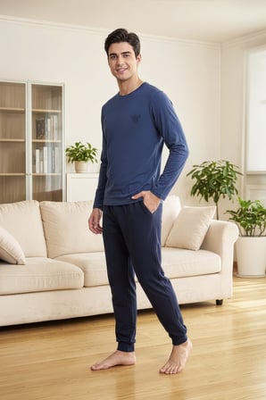 Erkek   Pamuk İ̇Ndigo, Bisiklet Yaka, Uzunkol, Manşet Paçalı Pijama Takım