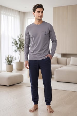 Erkek   Pamuk Gri, Bisiklet Yaka, Uzunkol, Manşet Paçalı Pijama Takım