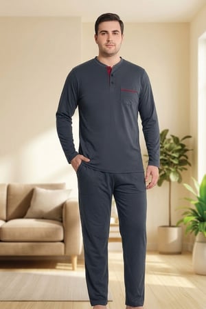 Erkek Büyük Beden Pijama Takım, Düz Renk Füme %100 Pamuklu Penye Pijama Takım, 3 Düğme Bisiklet Yaka Uzunkol Cep Detaylı