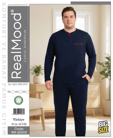 Erkek Lacivert Büyük Beden Pijama Takım, Düz Renk Lacivert %100 Pamuklu Penye Pijama Takım