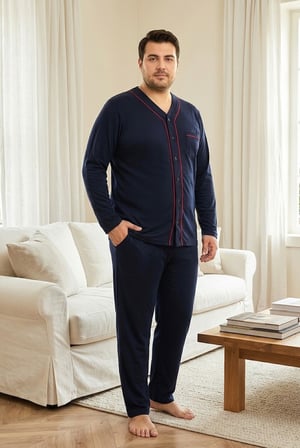 Erkek Büyük Beden Pijama Takım, Düz Renk Lacivert %100 Pamuklu Penye Pijama Takım, Boydan Düğmeli Pİjama Takım