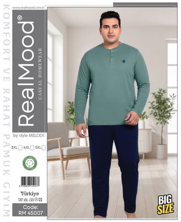 Erkek Yeşil Büyük Beden Pijama Takım, %100 Pamuklu Penye Pijama Takım, 