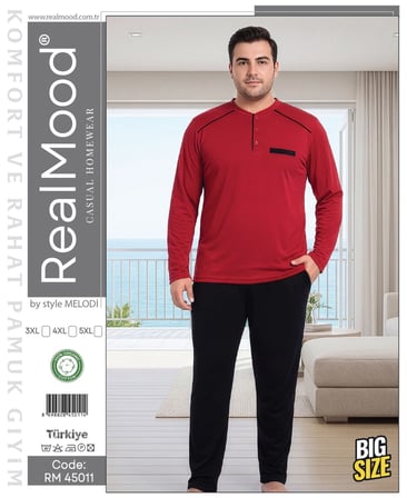Erkek Üst Kırmızı Alt Siyah Büyük Beden Pijama Takım, %100 Pamuklu Penye Pijama Takım