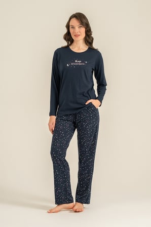 Kadın Lacivert Uzunkol Penye Pijama Takım, Bisiklet Yaka, Cep Detaylı  %50 Pamuk %50 Modal Kumaş,