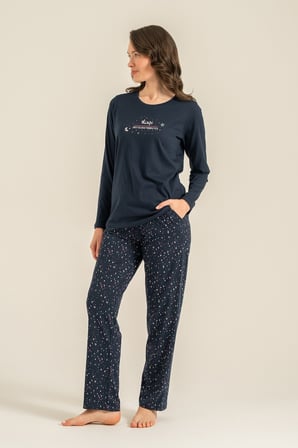 Kadın Lacivert Uzunkol Penye Pijama Takım, Bisiklet Yaka, Cep Detaylı  %50 Pamuk %50 Modal Kumaş,