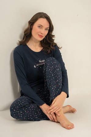 Kadın Lacivert Uzunkol Penye Pijama Takım, Bisiklet Yaka, Cep Detaylı  %50 Pamuk %50 Modal Kumaş,