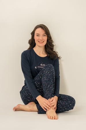 Kadın Lacivert Uzunkol Penye Pijama Takım, Bisiklet Yaka, Cep Detaylı  %50 Pamuk %50 Modal Kumaş,