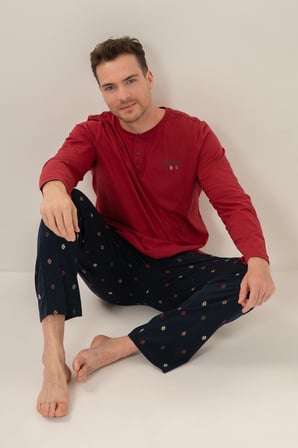Erkek Bordo %100 Pamuklu Pijama Takım, Düğmelil Bisiklet Yakalı, Cep Detaylı