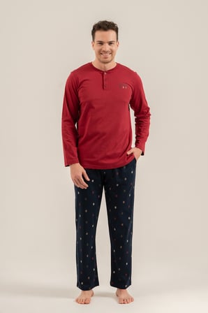Erkek Bordo %100 Pamuklu Pijama Takım, Düğmelil Bisiklet Yakalı, Cep Detaylı