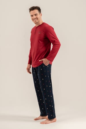 Erkek Bordo %100 Pamuklu Pijama Takım, Düğmelil Bisiklet Yakalı, Cep Detaylı