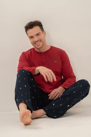 Erkek Bordo %100 Pamuklu Pijama Takım, Düğmelil Bisiklet Yakalı, Cep Detaylı
