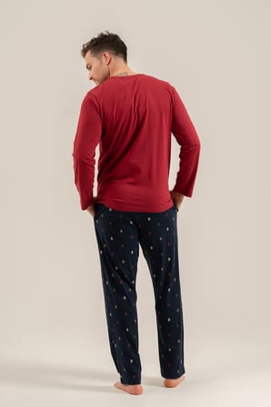 Erkek Bordo %100 Pamuklu Pijama Takım, Düğmelil Bisiklet Yakalı, Cep Detaylı