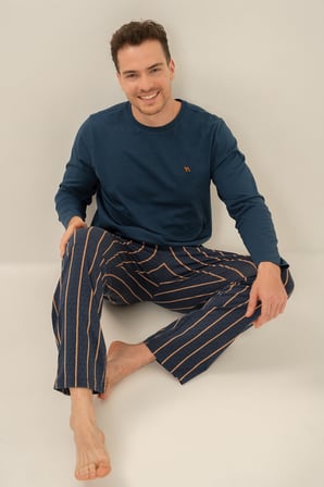 Erkek Koyu İndigo %100 Pamuklu Pijama Takım, Düz Renk Üst Bisiklet Yakalı, Çizgili Alt Cep Detaylı