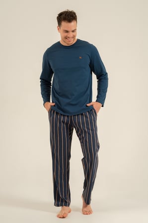Erkek Koyu İndigo %100 Pamuklu Pijama Takım, Düz Renk Üst Bisiklet Yakalı, Çizgili Alt Cep Detaylı