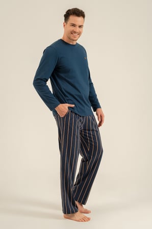 Erkek Koyu İndigo %100 Pamuklu Pijama Takım, Düz Renk Üst Bisiklet Yakalı, Çizgili Alt Cep Detaylı