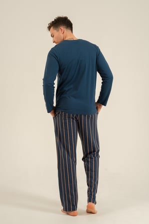 Erkek Koyu İndigo %100 Pamuklu Pijama Takım, Düz Renk Üst Bisiklet Yakalı, Çizgili Alt Cep Detaylı
