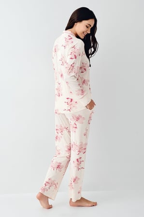 Kadın Çiçekli Uzunkol Mevsimlik Pijama Takım, Önden Düğmeli Gömlek Pijama Takım