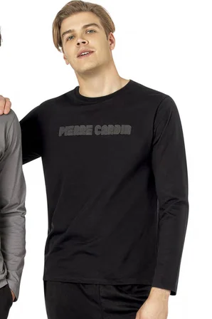 Erkek Siyah Pijama Takım, %100 Pamuk, Uzunkollu, Cepli