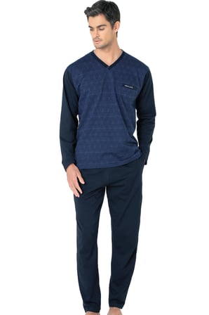 %100 Pamuklu Jakarlı Kutulu V Yaka Erkek Pijama Takım