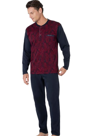 %100 Pamuklu Jakarlı Kutulu Yuvarlak Yakası Düğmeli Erkek Pijama Takım