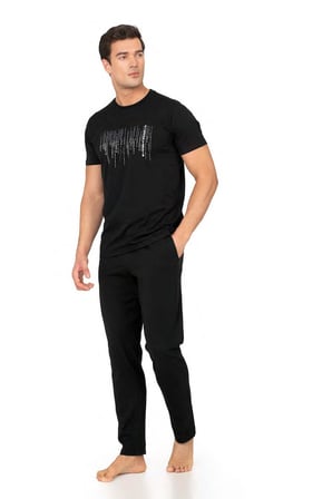 %100 Pamuk Penye Erkek Pijama Takım, Bisiklet Yakalı, Cep Detay
