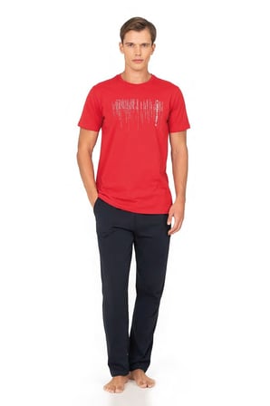 %100 Pamuk Penye Erkek Pijama Takım, Bisiklet Yakalı, Cep Detay