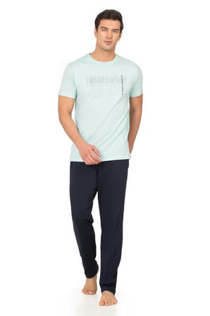 %100 Pamuk Penye Erkek Pijama Takım, Bisiklet Yakalı, Cep Detay