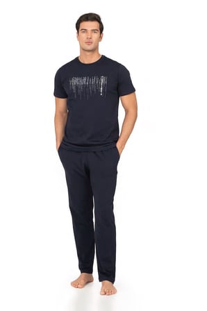%100 Pamuk Penye Erkek Pijama Takım, Bisiklet Yakalı, Cep Detay