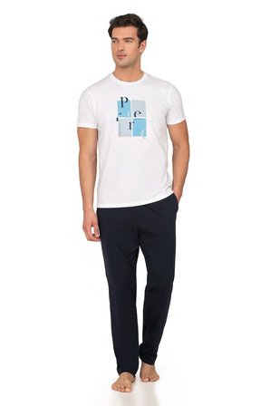 %100 Pamuk Penye Erkek Pijama Takım, Yazı Baskılı Bisiklet Yakalı, Cep Detay