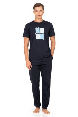 %100 Pamuk Penye Erkek Pijama Takım, Yazı Baskılı Bisiklet Yakalı, Cep Detay