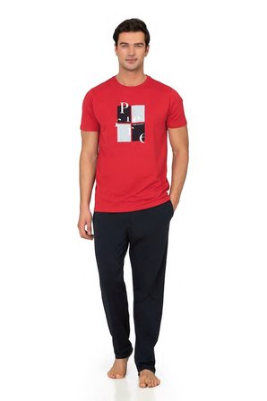 %100 Pamuk Penye Erkek Pijama Takım, Yazı Baskılı Bisiklet Yakalı, Cep Detay
